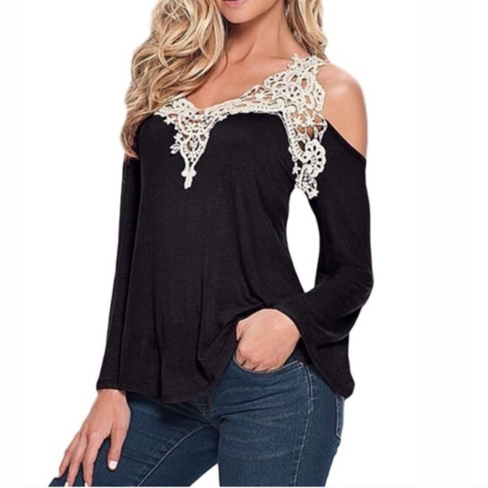 Elegant Sexy Open Shoulder Long Sleeve Black Lace